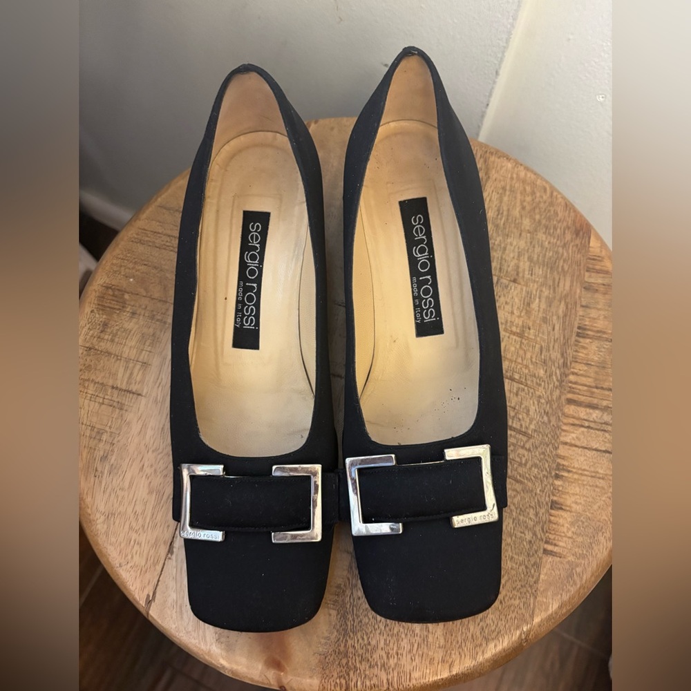 Sergio Rossi Black Flats with Silver Buckle